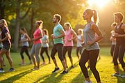 Group of diverse people exercise in park. Fitness instructor leads outdoor class. Participants engaging in physical activity to improve health prevent diabetes. People enjoy active, healthy lifestyle